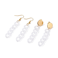 WhiteSmoke Chunky Acrylic Curb Chain Long Drop Earrings, 1Pair Stud & 1Pair Dangle Earrings, Brass Jewelry for Women, WhiteSmoke, 63x17mm, 57x12mm, Pin: 0.7mm