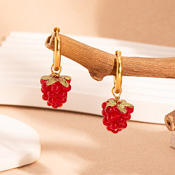 Красный 304 серьги-кольца из нержавеющей стали в форме винограда, реальный 18 k позолоченный, красные, 12.7x12.2x12.3 мм