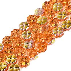 Dark Orange Baking Paint Electroplate Transparent Glass Beads Strands, Four Leaf Clover, AB Color Plated, Dark Orange, 10x10x4.5mm, Hole: 0.7~0.9mm, about 73~86pcs/strand, 29.72~35.63 inch(75.5~90.5cm)
