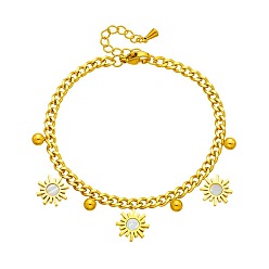 Золотой Браслеты с подвесками из латуни в виде подсолнуха и круглой бусины, браслеты из цепочек панцирного плетения для женщин, с естественной оболочке, золотые, 5-7/8 дюйм (15 см)