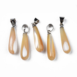 BurlyWood Natural Trochid Shell/Trochus Pendants, with Platinum Plated Brass Snap on Bails, Teardrop, BurlyWood, 23x6mm, Hole: 3.5x5mm
