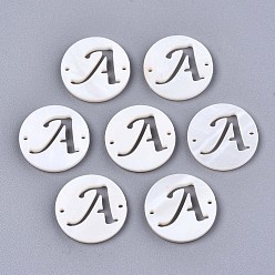 Letter A Natural Freshwater Shell Links Connectors, Flat Round with Letter, Letter.A, 14.5x1.5mm, Hole: 0.9mm