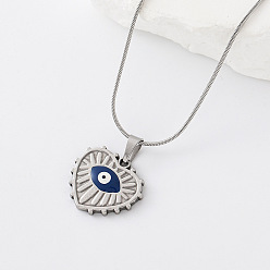 Blue 304 Stainless Steel Enamel Evil Eye Heart Pendant Necklaces for Women, Stainless Steel Color, Blue, 15.75 inch(40cm)