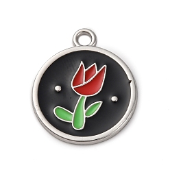 Плоский Круглый Подвески из эмали и сплава, без свинца и без кадмия, цветочный шарм, платина, плоский круглый с тюльпаном, 23.5x20x1.5 мм, отверстие : 2.2 мм