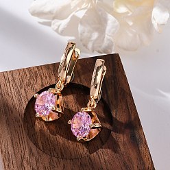 Золотой Латунные микропроволочные кубические серьги с цирконием, стойки покрытие, долговечный, без свинца и без кадмия, ромб, золотые, 32.5x13 мм