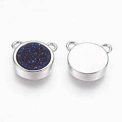 Blue Natural Druzy Agate Pendants, with Real Platinum Plated Brass Findings, Flat Round, Dyed, Blue, 11x11.5x3~3.5mm, Hole: 2mm
