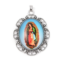 Antique Silver Alloy Glass Big Pendants, Religion, Oval with Virgin Mary, Colorful, Antique Silver, 60.5x45.5x10mm, Hole: 5x6mm