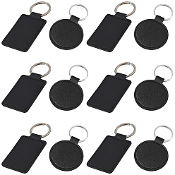 Black 12Pcs 2 Styles Rectangle & Round Imitation Leather Pendant Keychains, with Platinum Tone Alloy Rings, Black, 84~90mm, 6pcs/style