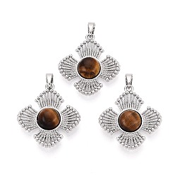 Тигровый глаз Природных тигровый глаз подвески, цветочные подвески с латунной оправой, платина, 25x23x5~6 мм, отверстие : 5x2.5 мм