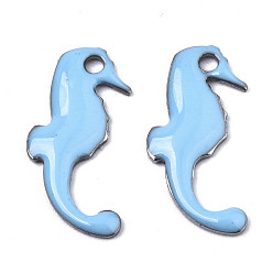Licht Himmel blau 201 Edelstahl Emaille Reize, Seepferdchen, Edelstahl Farbe, Licht Himmel blau, 15x7x1 mm, Bohrung: 1.2 mm