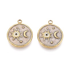 Светло-коричневый 304 подвески из нержавеющей стали и эмали, круглая плоская подвеска с луной и солнцем, ионное покрытие (ip), реальный 18 k позолоченный, загар, 15.5x13x2 мм, отверстие : 1.5 мм