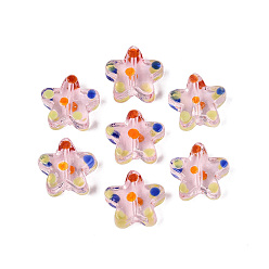 Pink Handmade Lampwork Beads Strands, Star & Polka Dot, Pink, 16~17.5x17~18x5.5~7.5mm, Hole: 1~1.6mm, about 30~35pcs/strand, 18.11~20.87 inch(46~53cm)