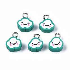 Light Sea Green Handmade Polymer Clay Charms, with Platinum Plated Iron Loop, Cloud with Smile, Light Sea Green, 11~14x9~11.5x4mm, Hole: 1.8mm