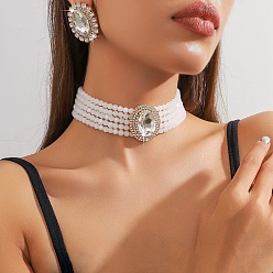 Прозрачный Овальный комплект из латунных, стеклянных и пластиковых бусин с цепочкой-ошейником и серег-гвоздиков, прозрачные, 280 мм