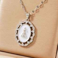 Серебро Ожерелья с подвеской из латуни, блестящие прозрачные фианиты овальной формы с кулоном Nossa senhora aparecida Девы Марии, серебряные, 15.75 дюйм (40 см)