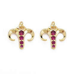 Medium Violet Red Brass Micro Pave Cubic Zirconia Pendants, Nickel Free, Golden, Aries, Medium Violet Red, 17.5x17.5x3mm, Hole: 3mm