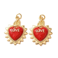 Real 18K Gold Plated Brass Pendants, with Red Enamel, Sacred Heart with Word Love Charms, Rack Plating, Long-Lasting Plated, Lead Free & Cadmium Free, Real 18K Gold Plated, 27.5x21x5mm, Hole: 3mm