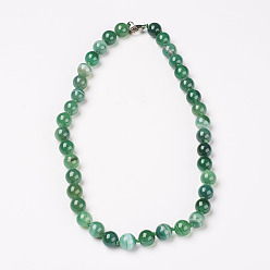 Dark Green Natural Dyed Agate Beads Necklaces, with Brass Lobster Claw Clasps, Round, Dark Green, Beads: 8mm, 18.9 inch(48cm)