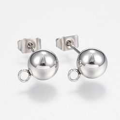 Stainless Steel Color Non-Tarnish 201 Stainless Steel Ball Stud Earring Post, Earring Findings, with Loop and 304 Stainless Steel Pins, Round, Stainless Steel Color, 7mm, Hole: 1.5mm, pin: 0.8mm