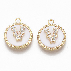 Letter V Brass Micro Pave Cubic Zirconia Pendants, with Shell, Flat Round with Letter, Nickel Free, Clear, Creamy White, Real 18K Gold Plated, Letter.V, 17x14x4mm, Hole: 1.8mm