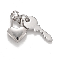 Платина Подвески из латуни с покрытием из настоящего золота 18k, с прыжковых колец, долговечный, без свинца и без кадмия, Замок и ключ, платина, 18 мм, Перейти кольцо: 4.6x0.8 мм, 3 мм внутренним диаметром, заблокировать: 12.5x8.5x3.5 мм, Ключ: 16x6.5x1 мм