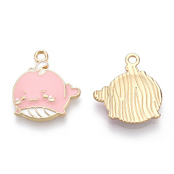 Pink Pendentifs en alliage de zinc respectueux de l'environnement, avec l'émail, sans cadmium et sans nickel et sans plomb, forme de baleine, or et de lumière, rose, 19x17~18x2mm, Trou: 1.8mm