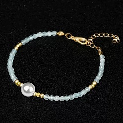 Cian Claro Pulseras hechas a mano con perlas redondas blancas de concha y cuentas redondas de vidrio facetadas para mujer., dorado, cian claro, 6.30 pulgada (16 cm)