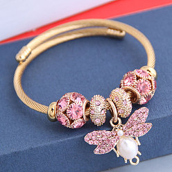 Розовый Регулируемые европейские браслеты из нержавеющей стали, браслеты с подвесками для женщин, Пчелы, со сплавом, стразами и искусственным жемчугом, светло-розовый, внутренний диаметр: 2-1/8 дюйм (5.5 см)