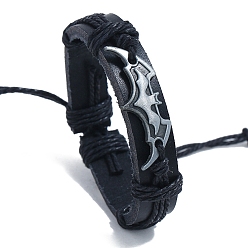 Античное Серебро Браслет из сплава с звеньями летучей мыши, регулируемый браслет из воловьей кожи, античное серебро, 6-3/4~13 дюйм (17~33 см)