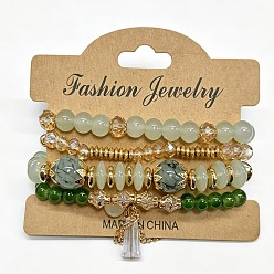 Pale Green 4Pcs 4 Styles Bohemian Style Alloy Glass Round Beaded Stretch Bracelets, Golden, Pale Green, 6-3/4 inch(17cm)
