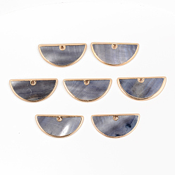 Gray Natural Freshwater Shell Pendants, with Golden Plated Brass Edge, Fan, Dyed, Gray, 14.5x30x2.5mm, Hole: 1.2mm