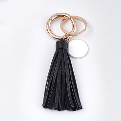Black PU Leather Tassel Keychain, with Alloy Enamel Pendants, Iron Key Rings and Alloy Spring Gate Rings, Light Gold, Black, 121~128mm