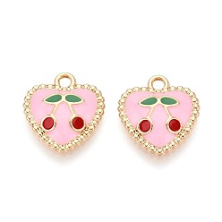 Pink Подвески из эмали и сплава, сердце с вишневым шармом, золотые, розовые, 17x16x3.5 мм, отверстие : 2 мм