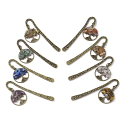 Смешанные камни 8 шт. 8 стили закладки из сплава в тибетском стиле, Древо жизни натуральный лазурит, сердолик, красный авантюрин, аметист, зеленый авантюрин, турмалин, тигровый глаз и кристаллы розового кварца, закладки-подвески, античная бронза, 79.5x7x2 мм, 1 шт / стиль