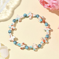 Коралловый Браслеты из синтетических бирюзовых бусин с крестом и круглыми бусинами, окрашенные в запекаемый цвет, для мужчин и женщин, коралл, внутренний диаметр: 2-3/8 дюйм (6.15 см)