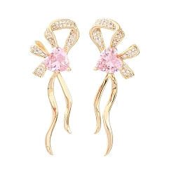 Real 14K Gold Plated Brass Micro Pave Cubic Zirconia Stud Earrings for Women, Bowknot with Heart, Real 14K Gold Plated, 43x16mm