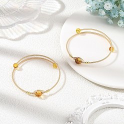 Golden Round Natural Amber Herringbone Wire-Wrapped Cuff Bangles, with Brass Beads and Copper French Wire, Golden, Inner Diameter: 2.17 inch(5.5cm)