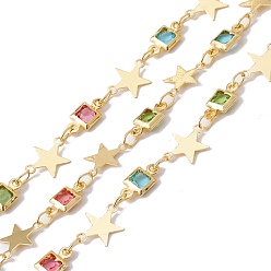 Colorful Handmade Eco-friendly Brass Square & Star Link Chain, with Glass Beaded, Real 18K Gold Plated, Lead Free & Cadmium Free, Soldered, with Spool, Colorful, 9.5x5x2mm, 10x7x0.2mm