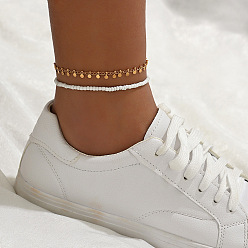 Белый Двухслойные эластичные браслеты на ногу из богемского стекла с бисером, браслеты на ногу с кисточками из сплава, золотые, белые, внутренний диаметр: 2-1/2 дюйм (65 мм)