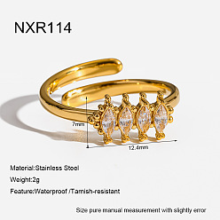 Plaqué 18K Or Véritable 304 Bagues manchettes ouvertes en acier inoxydable serties de zirconiums cubiques transparents, oeil de cheval, réel 18 k plaqué or, diamètre intérieur: 15~20 mm