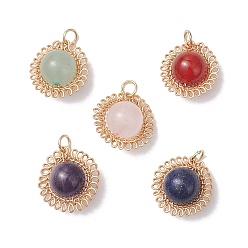 Золотой Круглые подвески из натурального аметиста, зеленого авантюрина, розового кварца, лазурита и сердолика, обвитые медной проволокой, цветочные подвески с прыгающим кольцом, смешанные окрашенные и неокрашенные, золотые, 17~18.5x10~10.5 мм, отверстие : 3 мм