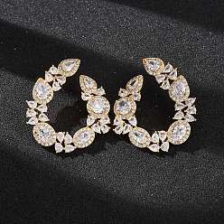 Real 18K Gold Plated & Gunmetal Brass Pave Cubic Zirconia Stud Earrings for Women, Teardrop, Real 18K Gold Plated & Gunmetal, 37x32mm