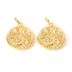 Козерог Латунные подвески, , плоский круглый с созвездием / знак зодиака, реальный 18 k позолоченный, Козерог, 31.5~34x28~29x3~4 мм, отверстие : 6x4 мм