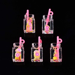 Ярко-Розовый Подвески из смолы с имитацией напитка, полимерная глина грейпфрут внутри, с акриловой бутылкой, ярко-розовый, 25~28x12x11 мм, отверстие : 1.8 мм