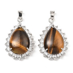 Тигровый глаз Подвески из натурального тигрового глаза и горного хрусталя, с платиновым тоном, покрытие стойки, обмотка латунной проволокой, долговечный, без свинца и без кадмия, слеза, 40x26x13 мм, отверстие : 6x4.5 мм