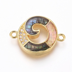 Golden Brass Micro Pave Clear Cubic Zirconia Links connectors, with Abalone Shell/Paua Shell, Flat Round, Golden, 14x19x4mm, Hole: 1.4mm