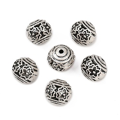 Thailand Sterling Silver Plated Сплавочные овальные бусины тибетского стиля , RONDELLE с цветком, без кадмия и без свинца, Таиланд, стерлинговое серебро, покрытие, 11x10 мм, отверстие : 1.6 мм