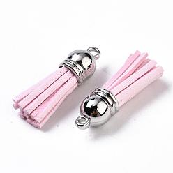 Pink Faux Suede Tassel Pendant Decorations, with CCB Plastic Cord Ends, Platinum, Pink, 35~37x10mm, Hole: 1.8mm