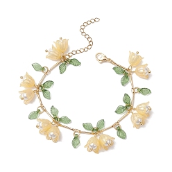 Белый Навахо Браслеты с подвесками из акрила и жемчуга в виде цветка, листьев и ракушек, браслеты-цепочки из латуни для женщин, золотые, навахо белый, 7 дюйм (17.7 см)