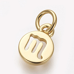 Скорпион Латунь прелести, без свинца и без кадмия, плоский круглый с созвездиями, золотые, Скорпион, 9.5x7x1 мм, отверстие : 3 мм
